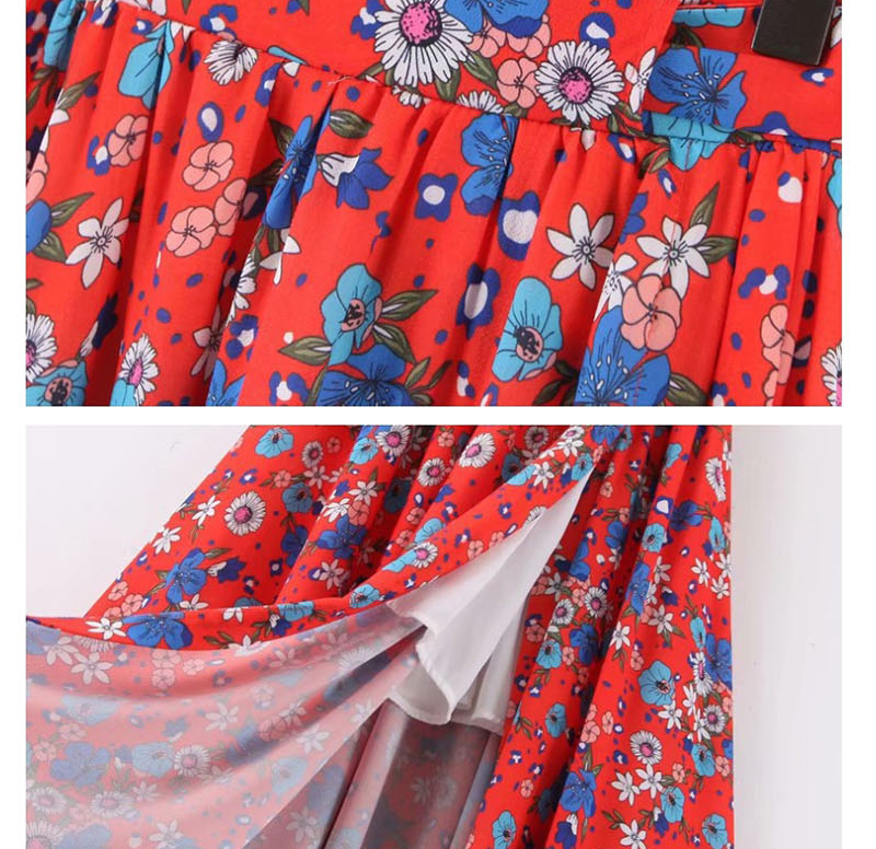 Fashion Red Flower Print High Waist Tie Skirt,Skirts