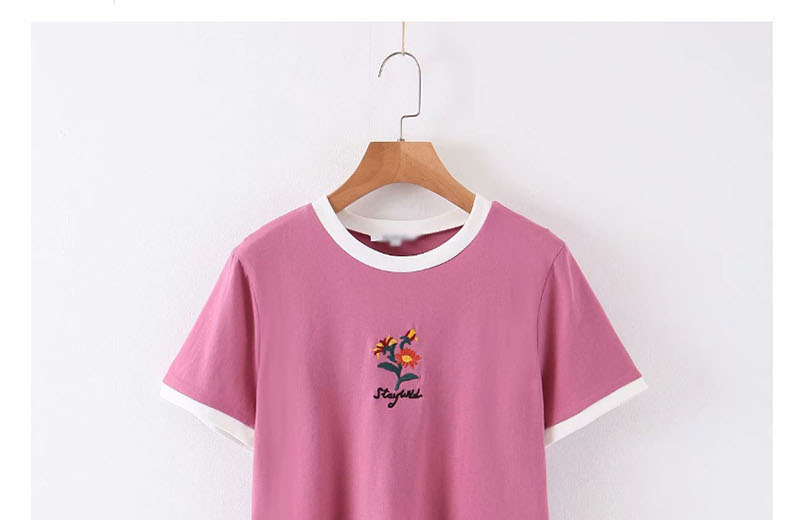 Fashion Purple Embroidered Flower Crew Neck T-shirt,Hair Crown