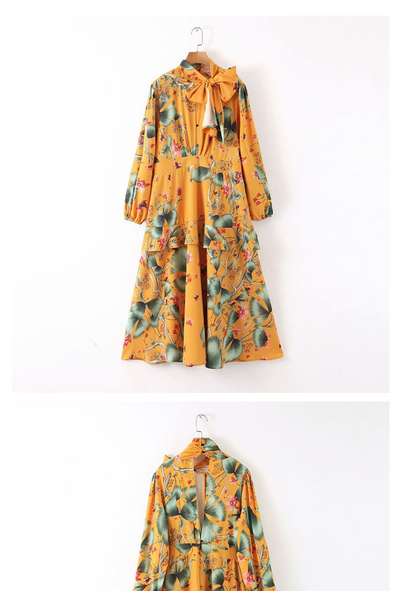 Fashion Yellow Flower Print Lace Dress,Long Dress