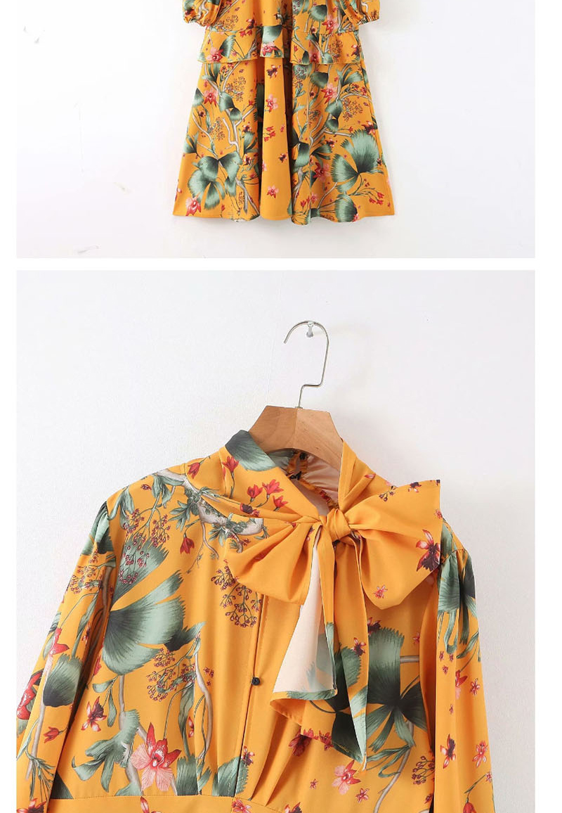 Fashion Yellow Flower Print Lace Dress,Long Dress