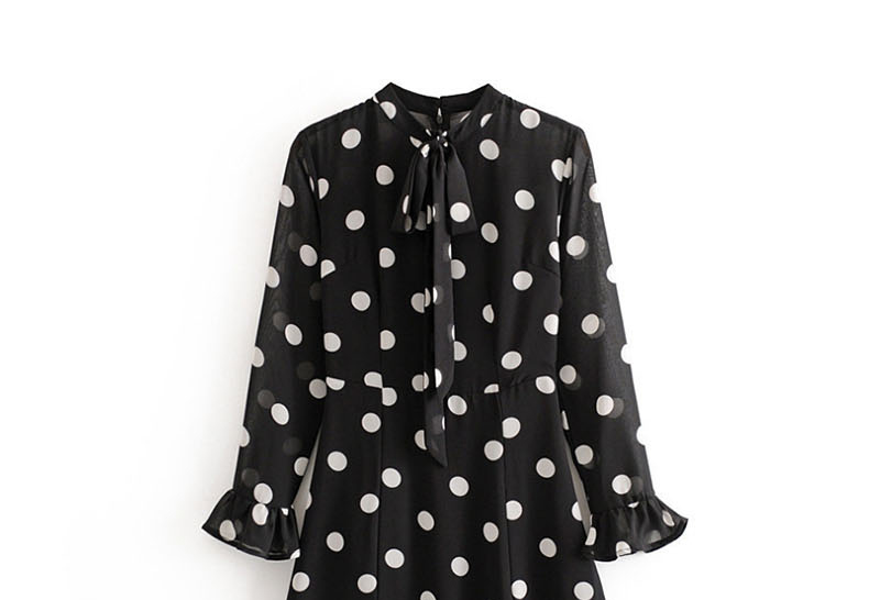 Fashion Black Polka-dot Printed Turtleneck Lace Dress,Mini & Short Dresses