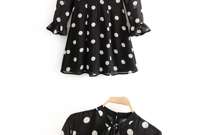 Fashion Black Polka-dot Printed Turtleneck Lace Dress,Mini & Short Dresses