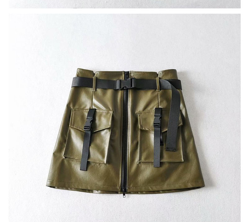 Fashion Army Green Belt Stitching Pu Leather Skirt,Skirts