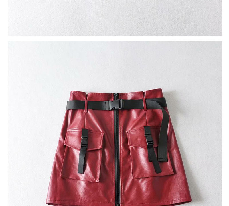 Fashion Army Green Belt Stitching Pu Leather Skirt,Skirts