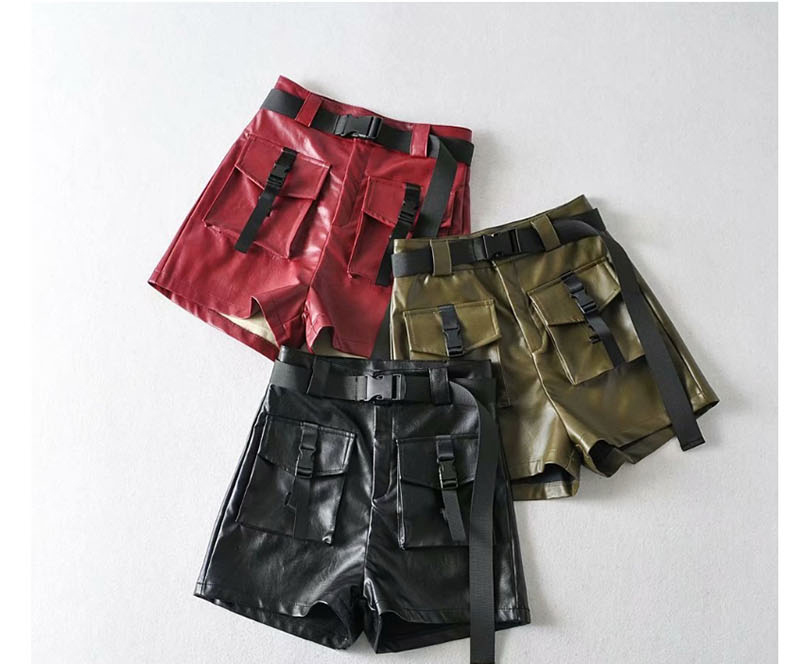 Fashion Army Green Tooling Pu Leather Shorts,Shorts