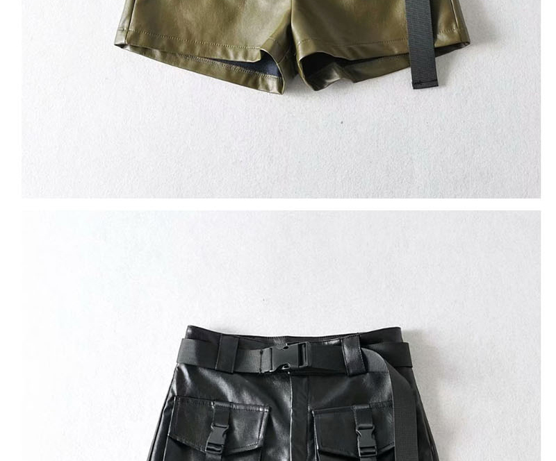 Fashion Army Green Tooling Pu Leather Shorts,Shorts