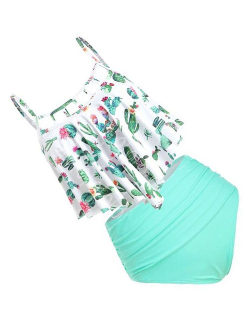Fashion Green Printed Sling Pleated Split Swimsuit,Swimwear Sets