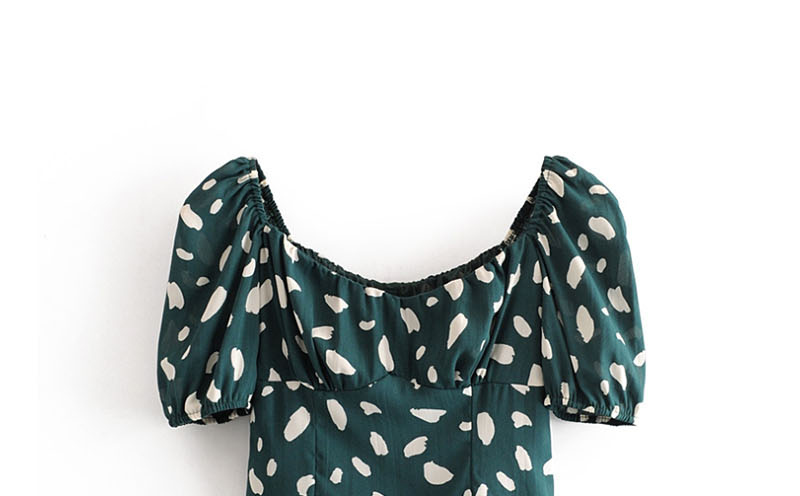 Fashion Green Dotted Print Square Collar Puff Sleeve Shirt,Blouses