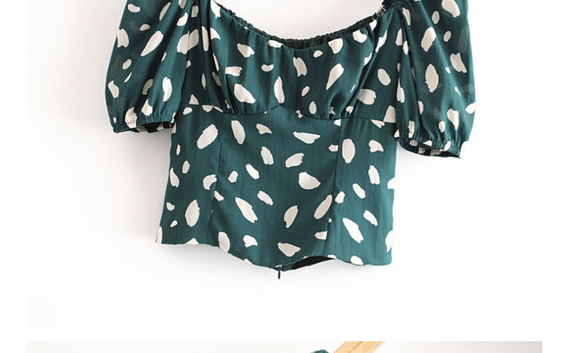 Fashion Green Dotted Print Square Collar Puff Sleeve Shirt,Blouses