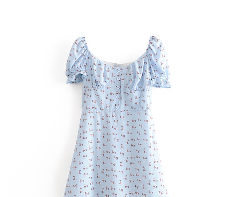 Fashion Blue Puff Sleeve Little Rose Print Dress,Mini & Short Dresses