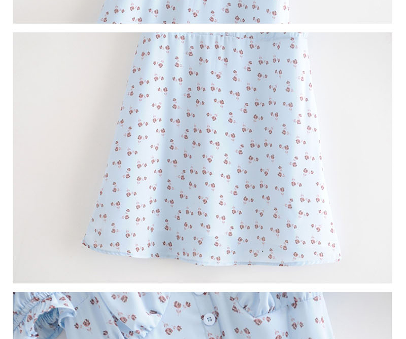 Fashion Blue Puff Sleeve Little Rose Print Dress,Mini & Short Dresses
