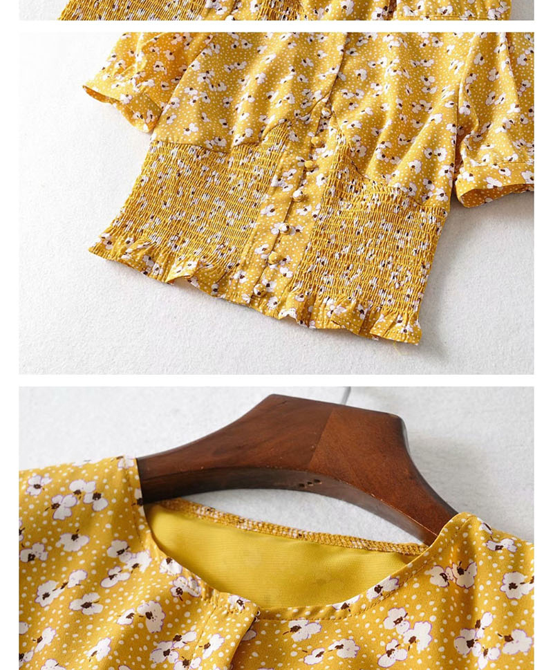 Fashion Yellow Hem Elasticated Floral Print Shirt,Hair Crown