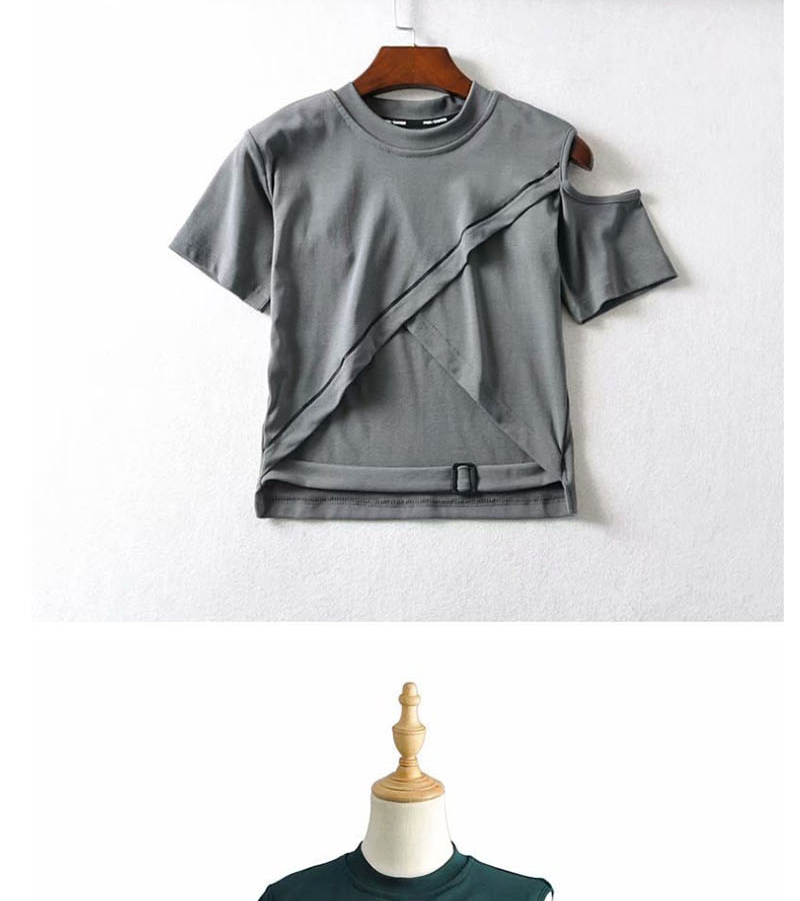 Fashion Gray Open-line Cross-cut Unisex Off-shoulder T-shirt,Hair Crown