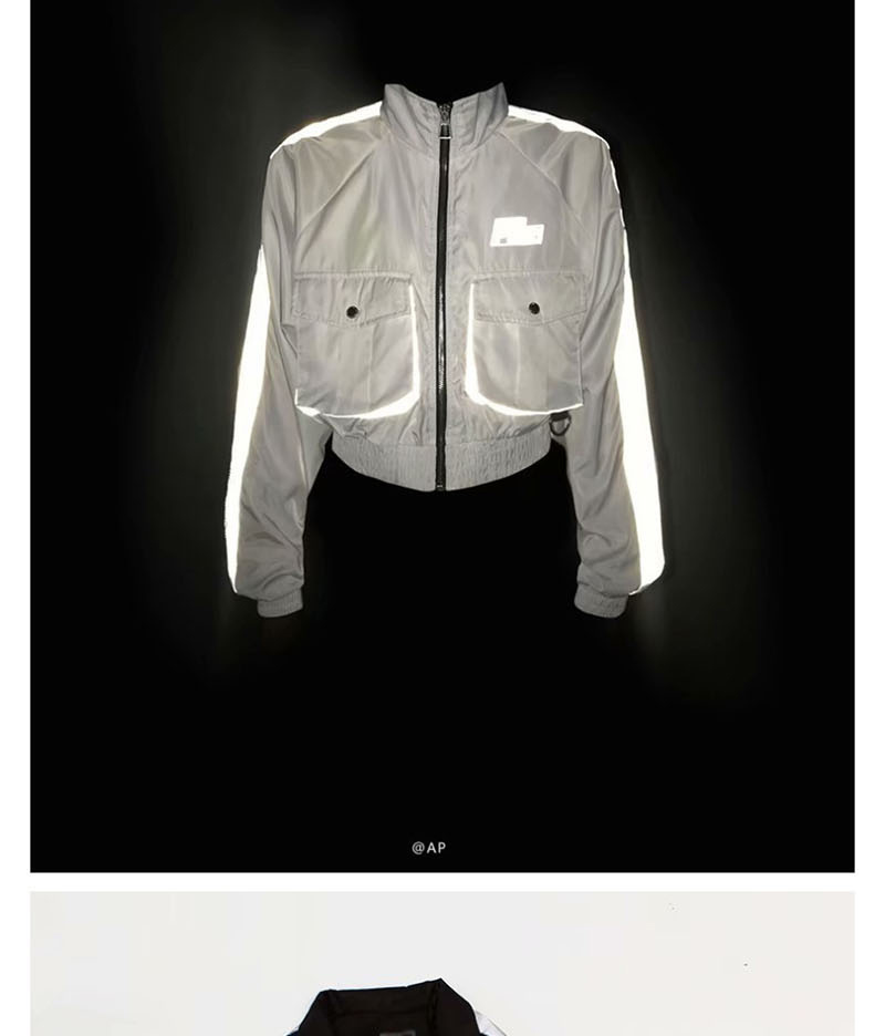 Fashion White Pocket Reflective Patchwork Jacket,Coat-Jacket