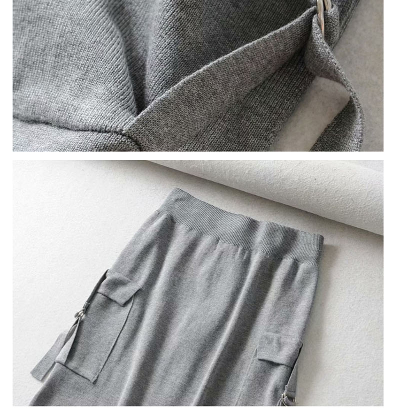 Fashion Gray Pocket Zipped Knitted A-line Skirt,Skirts