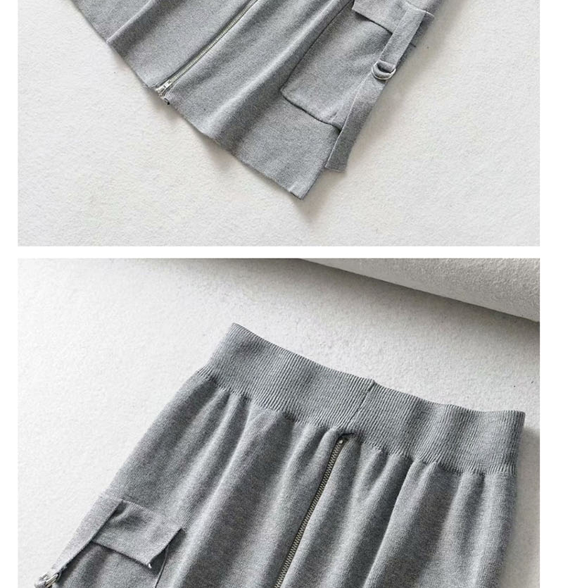 Fashion Gray Pocket Zipped Knitted A-line Skirt,Skirts