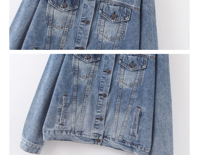 Fashion Blue Washed Multi-pocket Lapel Single-breasted Denim Jacket,Coat-Jacket