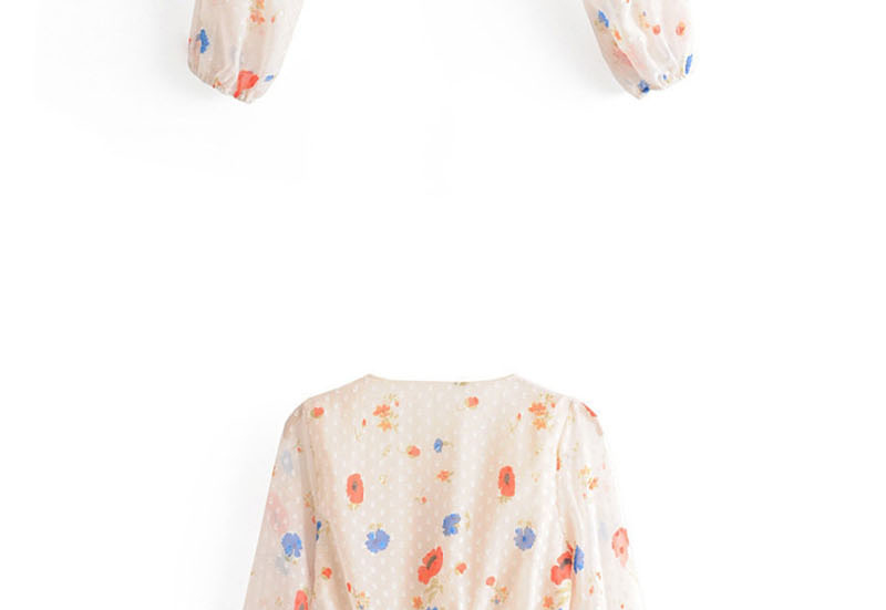 Fashion Cream Color Floral Print V-neck Lace-up Sleeve Shirt,Blouses