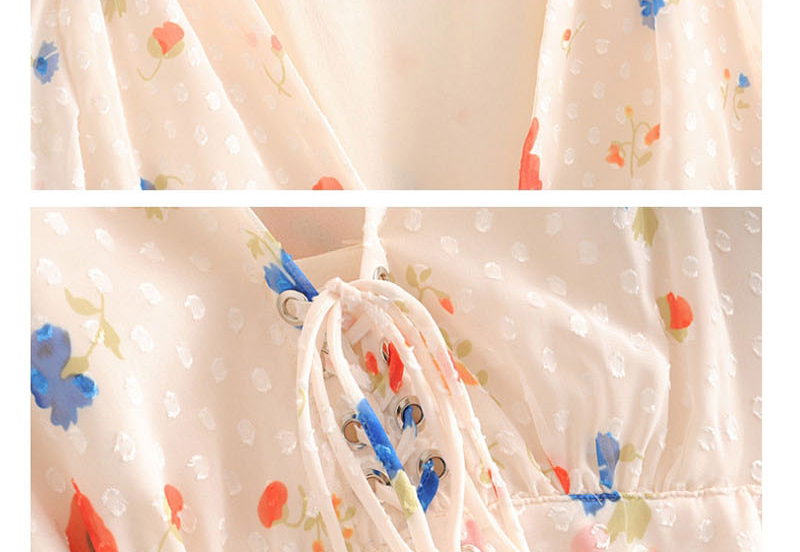 Fashion Cream Color Floral Print V-neck Lace-up Sleeve Shirt,Blouses