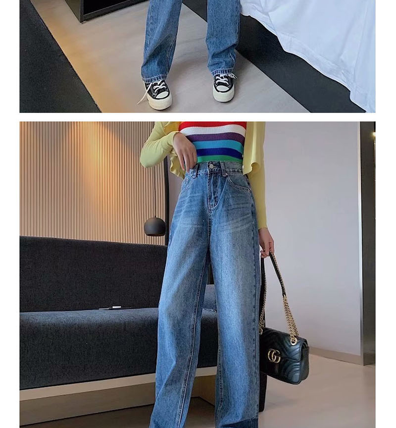 Fashion Blue Washed High-rise Straight-leg Jeans,Denim