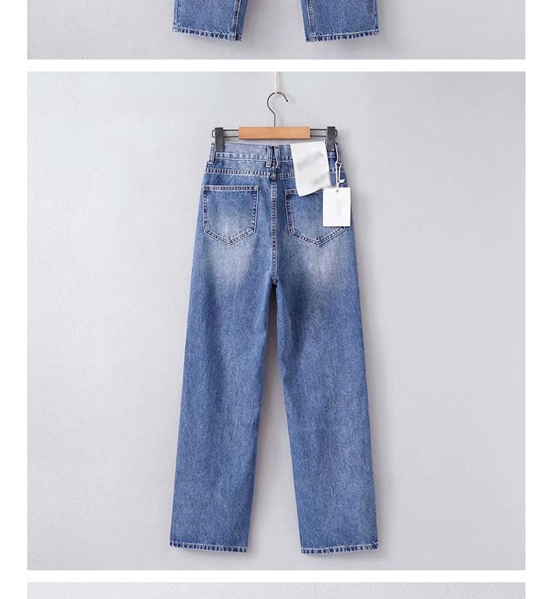 Fashion Blue Washed High-rise Straight-leg Jeans,Denim