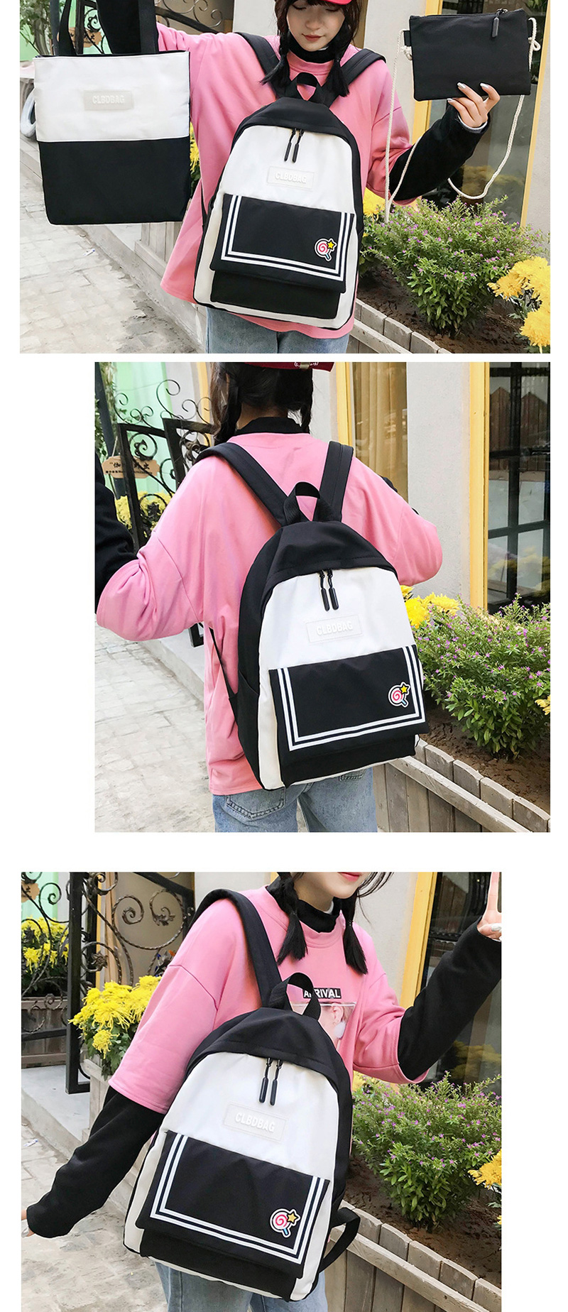 Fashion Black Contrast Stitching Striped Backpack,Backpack