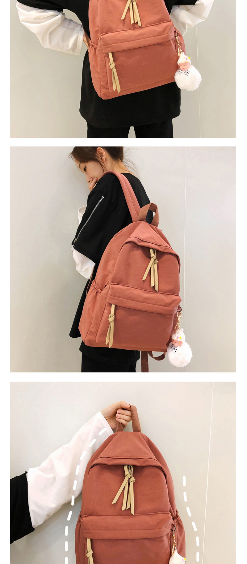 Fashion Brick Red With Pendant Stitched Fringed Plain Backpack,Backpack