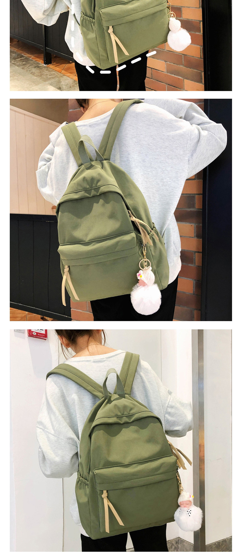 Fashion Khaki Ribbon Pendant Stitched Fringed Plain Backpack,Backpack