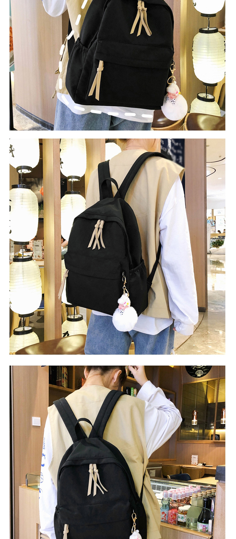 Fashion Black Stitched Fringed Plain Backpack,Backpack