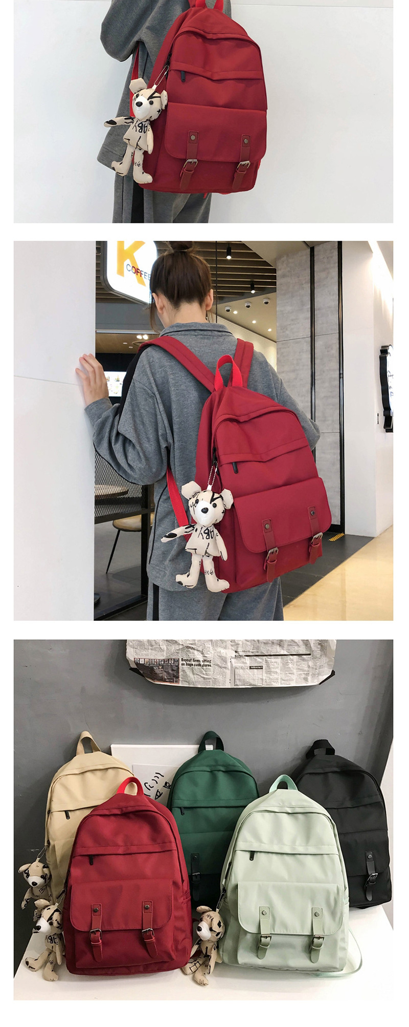 Fashion Khaki Ribbon Pendant Panel Buckle Backpack,Backpack