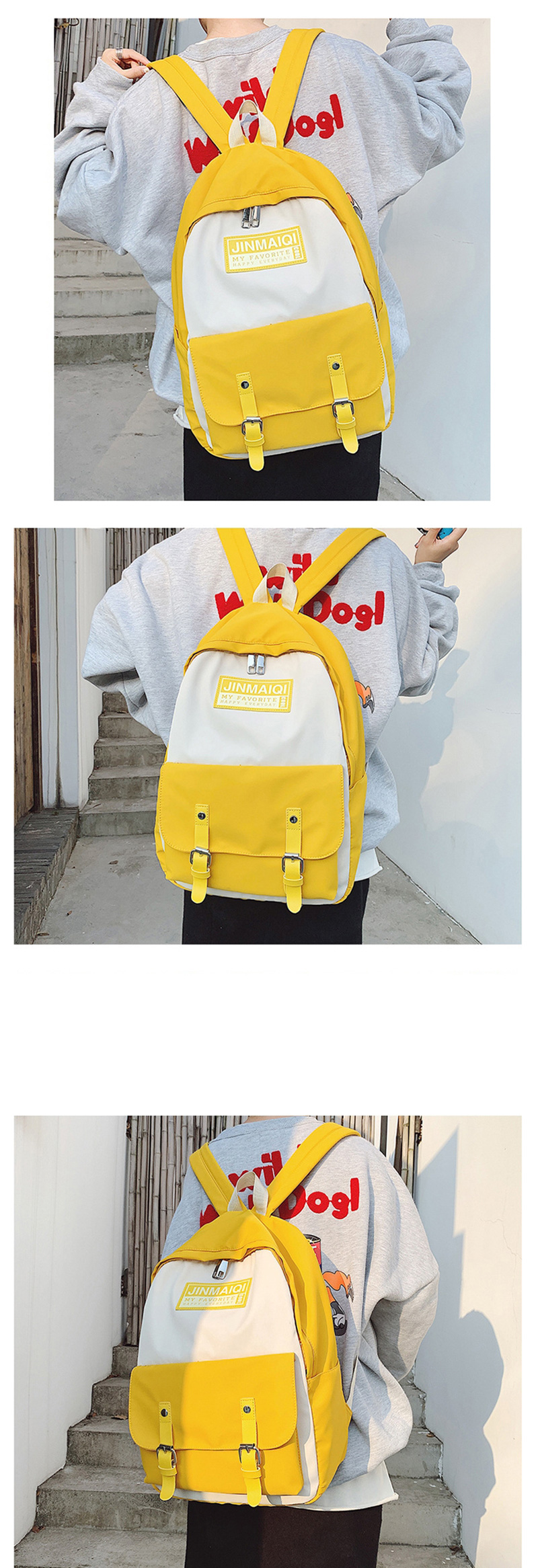 Fashion Yellow Large Contrast Stitching Belt Buckle Backpack,Backpack