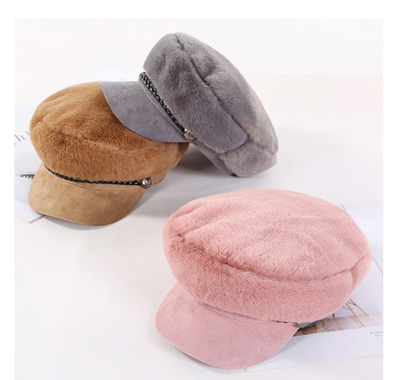 Fashion Pink Plush Leather Strap Stitching Beret,Knitting Wool Hats