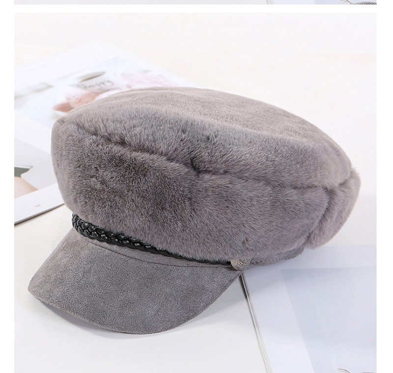 Fashion Gray Plush Leather Strap Stitching Beret,Knitting Wool Hats