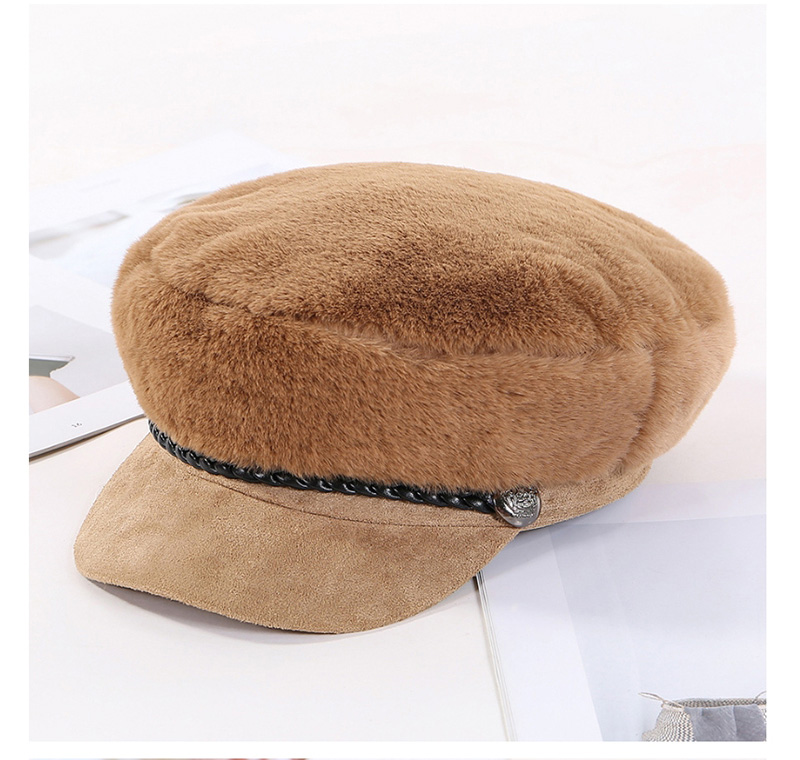 Fashion Camel Plush Leather Strap Stitching Beret,Knitting Wool Hats