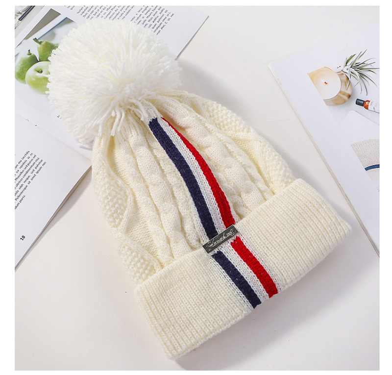 Fashion White Knitted Colorblock Striped Plus Fleece Hat,Knitting Wool Hats