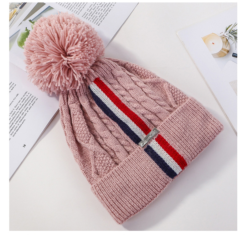 Fashion Pink Knitted Colorblock Striped Plus Fleece Hat,Knitting Wool Hats