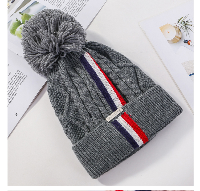 Fashion Gray Knitted Colorblock Striped Plus Fleece Hat,Knitting Wool Hats