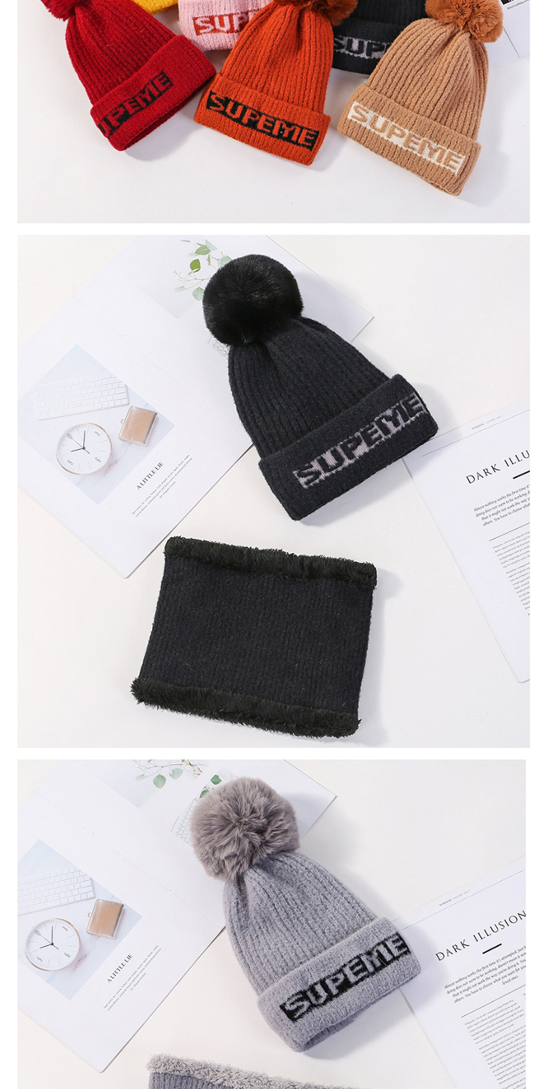 Fashion Gray Mink Velvet Wool Knit Hat Bib Set,Knitting Wool Hats