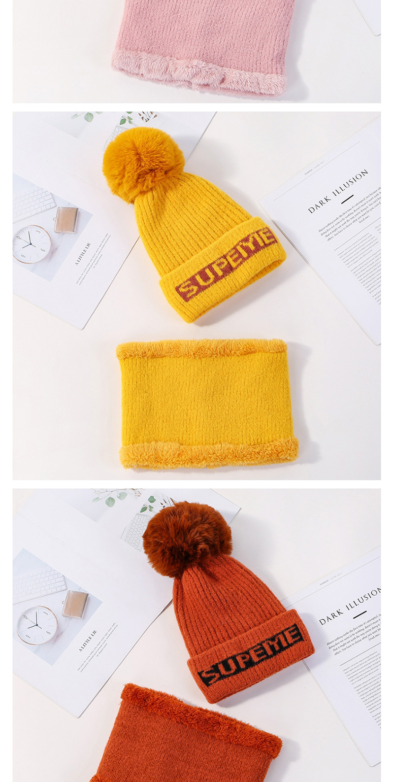 Fashion Orange Mink Velvet Wool Knit Hat Bib Set,Knitting Wool Hats