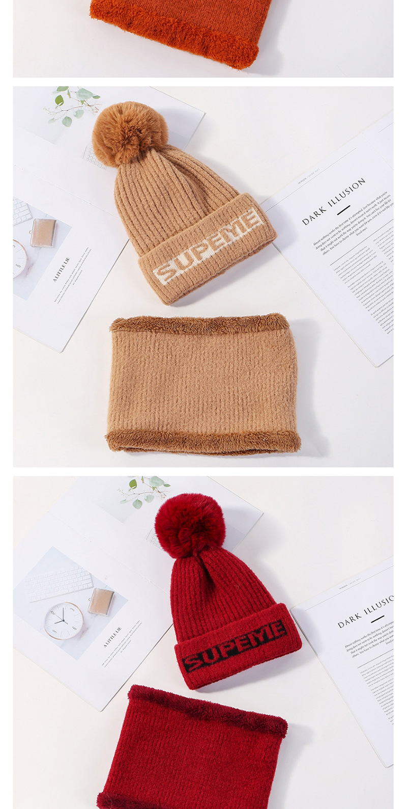 Fashion Wine Red Mink Velvet Wool Knit Hat Bib Set,Knitting Wool Hats