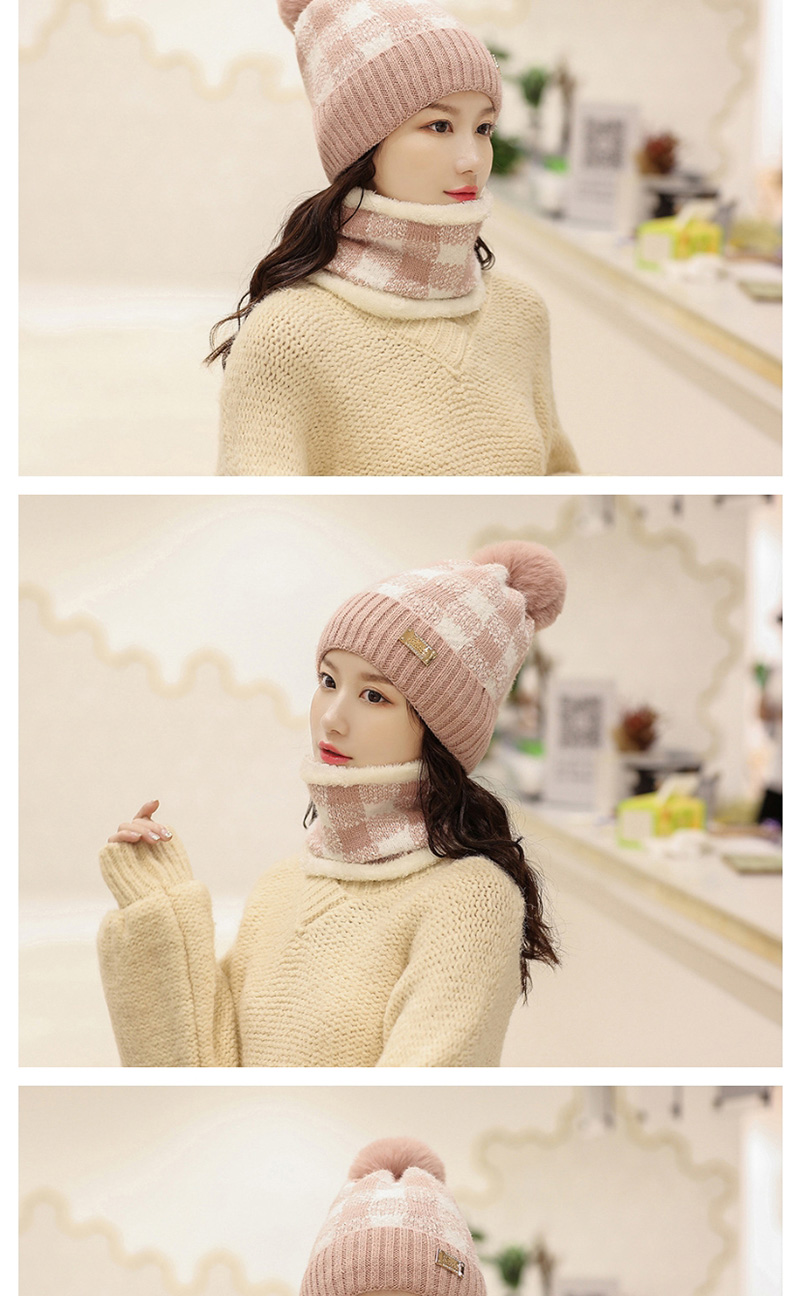 Fashion Pink Two-piece Suit With Velvet And Color Check Wool Ball Hat Bib,Knitting Wool Hats