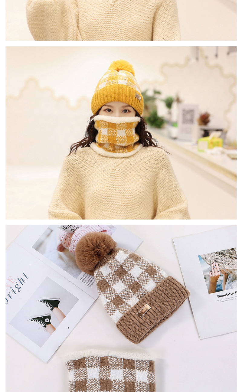 Fashion Khaki Two-piece Suit With Velvet And Color Check Wool Ball Hat Bib,Knitting Wool Hats