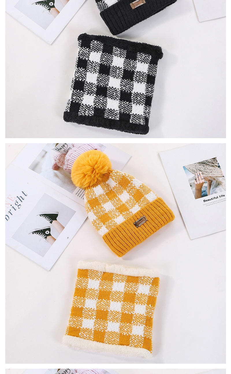 Fashion Yellow Two-piece Suit With Velvet And Color Check Wool Ball Hat Bib,Knitting Wool Hats