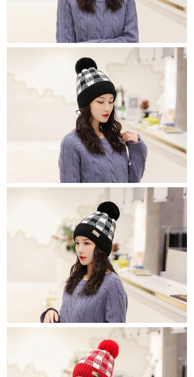 Fashion Pink Color-block Plaid Plush Ball-trimmed Knitted Hat,Knitting Wool Hats