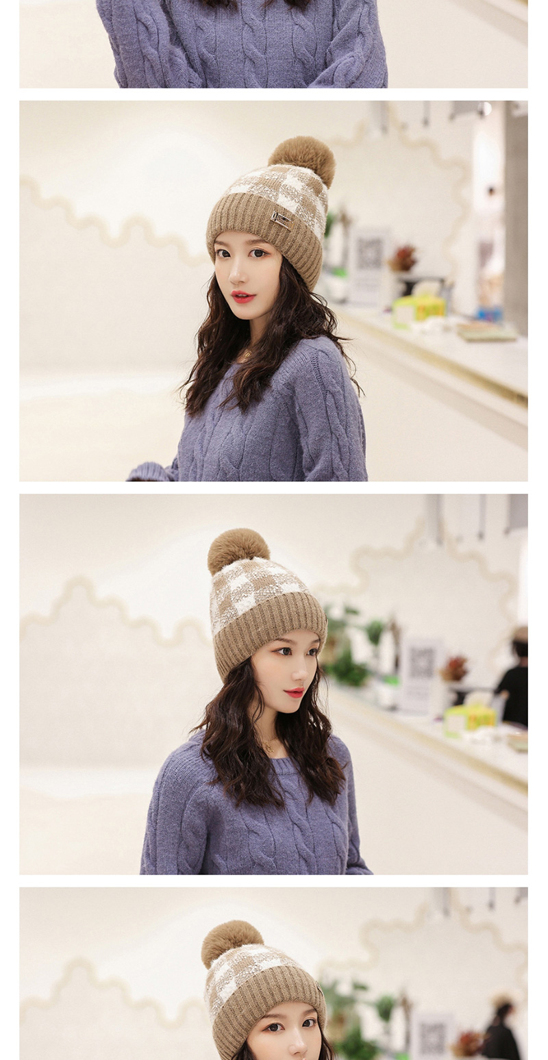 Fashion Red Color-block Plaid Plush Ball-trimmed Knitted Hat,Knitting Wool Hats