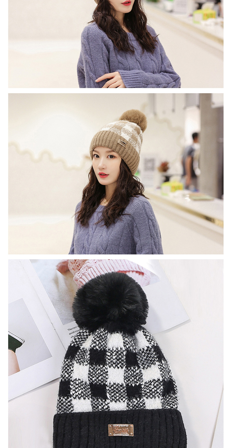 Fashion Pink Color-block Plaid Plush Ball-trimmed Knitted Hat,Knitting Wool Hats