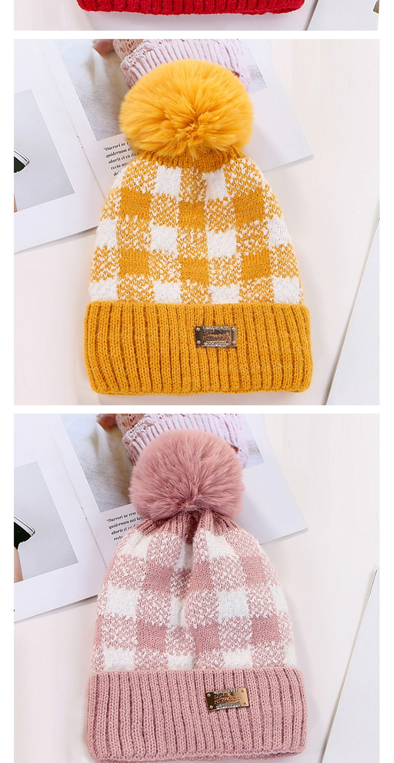 Fashion Khaki Color-block Plaid Plush Ball-trimmed Knitted Hat,Knitting Wool Hats