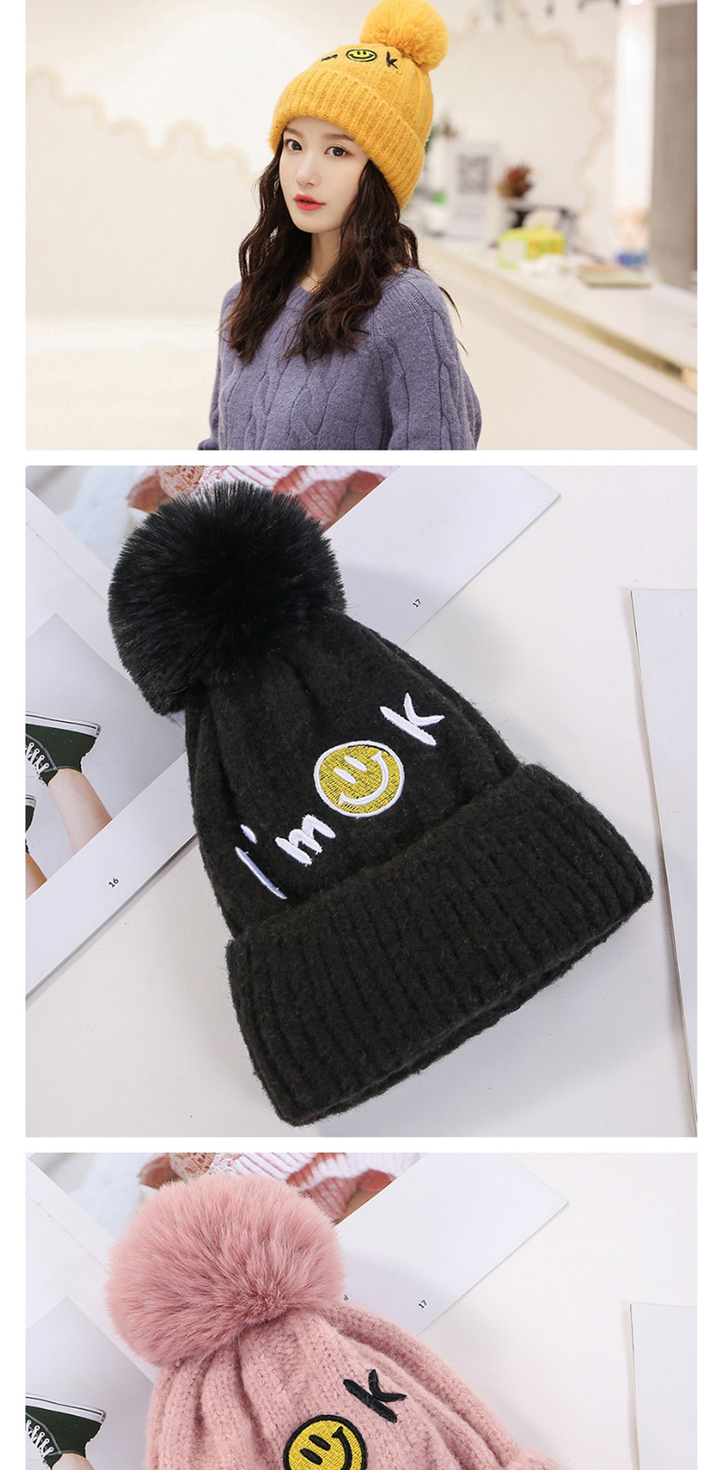 Fashion Gray Embroidered Smiley Letters Plus Velvet Knitted Hat,Knitting Wool Hats