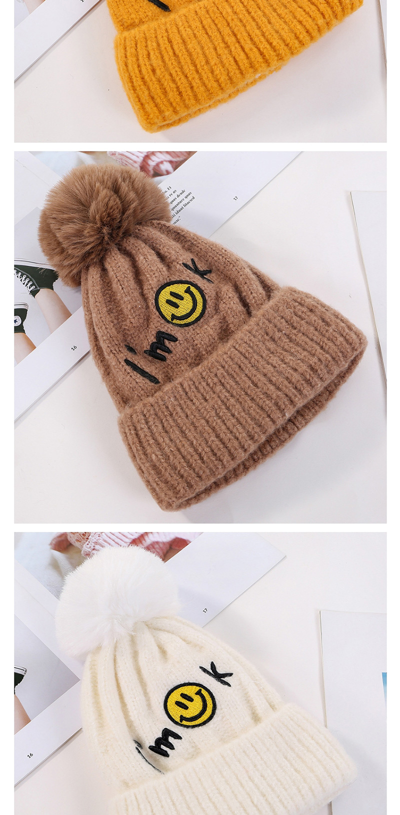 Fashion Khaki Embroidered Smiley Letters Plus Velvet Knitted Hat,Knitting Wool Hats
