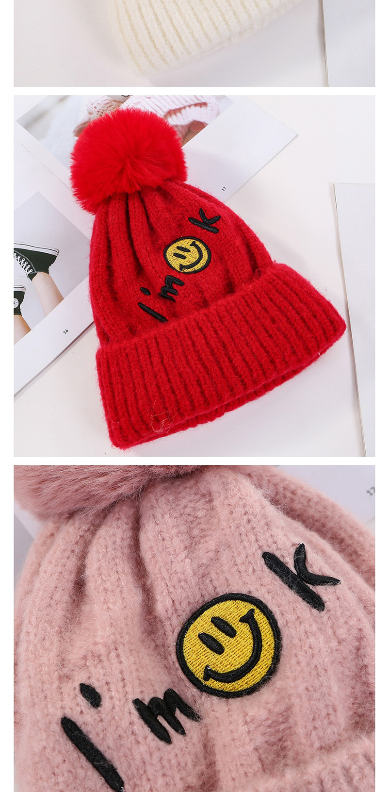 Fashion Pink Embroidered Smiley Letters Plus Velvet Knitted Hat,Knitting Wool Hats
